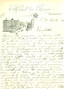 Documento originale, autentico 1900 MARSEILLE F Hotel de RUSSIE Lettera manoscritta intestata 1