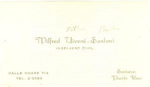 Oggetto da collezione cartaceo 1940 ca SANTURCE PUERTO RICO Wilfred ULIVONISANTONI Ingeniero Civil Biglietto 1