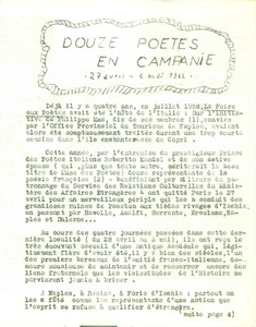 Documento originale, autentico 1962 FOIRE AUX POETES Dodici poeti in CAMPANIA Resoconto ciclostilato con mappa 1