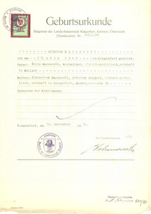 Documento originale, autentico 1951 KLAGENFURT AUSTRIA Certificato di nascita di Albarosa MAZZOCCHI Documento 1