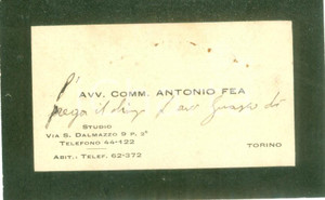 Documento originale, autentico 1940 ca TORINO Avvocato Antonio FEA Biglietto da visita con AUTOGRAFO 1