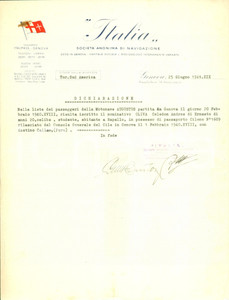 Documento originale, autentico 1941 GENOVA WW2 Andres CELEDON OLIVA di RAPALLO parte su motonave AUGUSTUS 1
