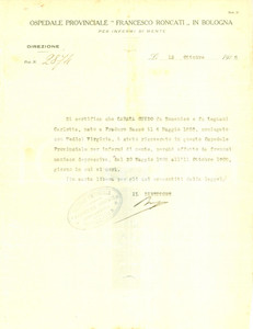 Documento originale, autentico 1918 BOLOGNA Guido CARATA morto all Ospedale FRANCESCO RONCATI infermi di mente 1