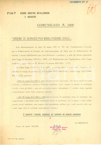 Documento originale, autentico 1941 TORINO WW2 Stabilimenti FIAT in mobilitazione civile Documento SEGRETO 1