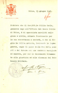 Autografo originale 1948 UDINE Arcivescovo Giuseppe NOGARA Lettera con firma AUTOGRAFA 1