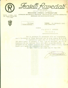 Documento originale, autentico 1940 TORINO Augusto FABBRI assunto dai Fratelli RAVEDATI macchine utensili 1