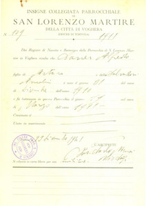 Documento originale, autentico 1941 VOGHERA WW2 Alfredo CARRER battezzato a San Lorenzo Martire Documento 1