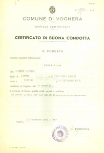 Documento originale, autentico 1941 VOGHERA WW2 Alfredo CARRER Ã¨ persona di buone qualitÃ  civili e morali 1