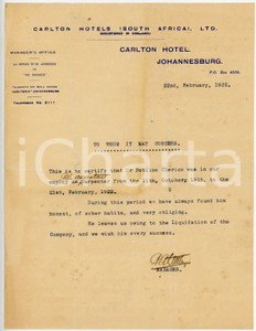 Documento originale, autentico 1922 JOHANNESBURG SOUTH AFRICA Referenze Carlton Hotel al carpentiere Noblino 1