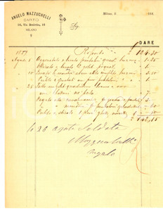Documento originale, autentico 1889 MILANO via BROLETTO Sarto Angelo MAZZUCHELLI Fattura manoscritta 1