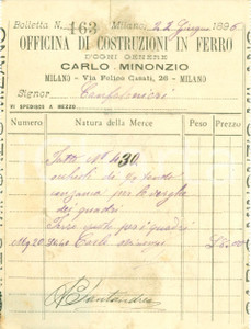 Documento originale, autentico 1896 MILANO Officina costruzioni in ferro Carlo MINONZIO Fattura intestata 1