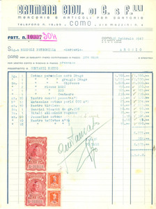 Documento originale, autentico 1947 COMO Mercerie e Articoli per sartorie BRUMANA Giovanni Fattura 1