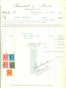 Documento originale, autentico 1949 GALLARATE VA Manifatture BARATELLI & MACCHI Fattura commerciale intestata 1