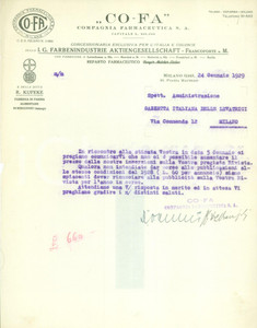 Documento originale, autentico 1929 MILANO Compagnia Farmaceutica COFA cessa pubblicitÃ  su Gazzetta Levatrici 1