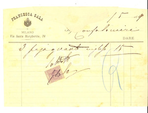 Documento originale, autentico 1890 ca MILANO Via Santa Margherita 24 Francesca SALA guanti inglesi Fattura 1