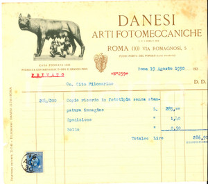 Documento originale, autentico 1930 ROMA via Romagnosi  5  Arti fotomeccaniche DANESI Fattura intestata 1