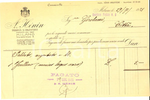 Documento originale, autentico 1921 MILANO via delle Orsole A. HENIN Fabbrica di argenterie Fattura 1