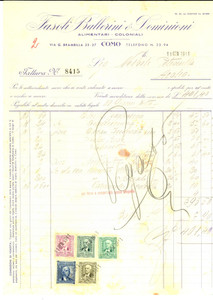 Documento originale, autentico 1941 COMO FASOLI BALLERINI & DOMINIONI Alimentari coloniali Fattura intestata 1
