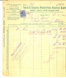 Documento originale, autentico 1924 MILANO Società Italiana Politecnica FRATELLI KAHN  Fattura intestata 1