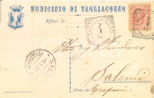 Cartolina originale da collezione 1912 TAGLIACOZZO AQ Cartolina intestata con stemma del Municipio FP VG 1