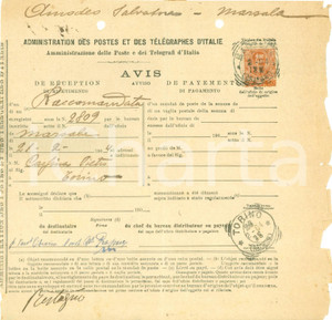 Documento originale, autentico 1904 TORINO Raccomandata da MARSALA per Pietro CASSINA Avviso di ricevimento 1