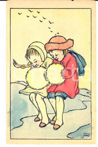 Cartolina originale da collezione 1930 ca FRANCIA Bambine si scaldano con manicotti Cartolina COLORATA A MANO 1