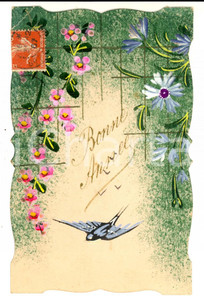 Cartolina originale da collezione 1907 FRANCIA Cartolina DISEGNATA A MANO con fiori e uccellino AmÃ©lie MERMET 1