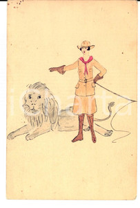 Cartolina originale da collezione 1920 ca FRANCIA La domatrice e il leone Cartolina DIPINTA A MANO RARA 1