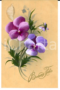 Cartolina originale da collezione 1920 ca FRANCIA Cartolina BONNE FETE con due violette DIPINTA A MANO FP 1