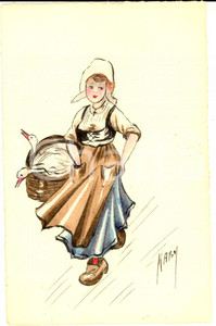 Cartolina originale da collezione 1920 ca FRANCIA Olandese con le oche nella cesta Cartolina KABY DIPINTA A MANO 1