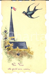 Cartolina originale da collezione 1919 EMBRUN FRANCE  Cartolina augurale con chiesa e rondine DIPINTA A MANO 1
