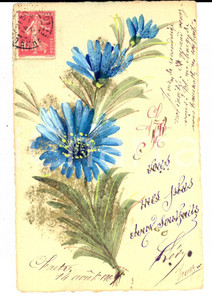 Cartolina originale da collezione 1907 CHARTRES F Cartolina augurale compleanno con fiori blu DIPINTA A MANO 1