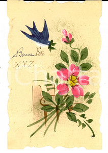 Cartolina originale da collezione 1910 ca FRANCIA Cartolina compleanno con fiore rosa e rondine DIPINTA A MANO 1