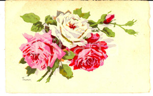 Cartolina originale da collezione 1915 ca FRANCIA Cartolina con mazzolino di rose ACQUERELLATA A MANO TRIMM 1