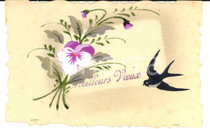 Cartolina originale da collezione 1920 ca FRANCIA LÃ©on NAUDIN Cartolina con fiori e rondine DIPINTA A MANO 1