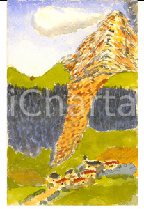 Cartolina originale da collezione 1920 ca FRANCIA Un villaggio ai piedi della montagna Cartolina DIPINTA A MANO 1