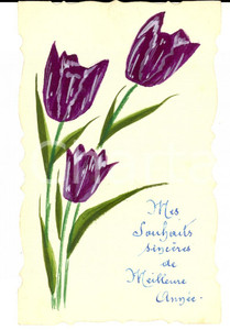 Cartolina originale da collezione 1910 ca FRANCIA Cartolina BONNE ANNEE con tulipani viola DIPINTA A MANO 1