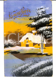 Cartolina originale da collezione 1910 ca FRANCIA Baita innevata sul lago Cartolina postale DIPINTA A MANO 1