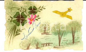 Cartolina originale da collezione 1920 ca FRANCIA Cartolina augurale con fiori e aeroplano DIPINTA A MANO FP 1