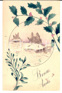 Cartolina originale da collezione 1920 ca FRANCIA Cartolina augurale Anno Nuovo DIPINTA A MANO con agrifoglio 1
