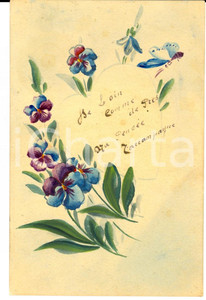 Cartolina originale da collezione 1920 ca FRANCIA Violette con una farfalla Bozzetto DIPINTO A MANO 1
