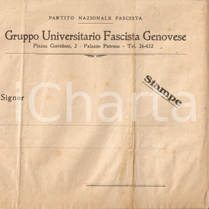 Documento originale, autentico 1940 ca GENOVA Gruppo Universitario Fascista Genovese PNF Busta intestata 1