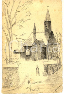 Cartolina originale da collezione 1910 ca FRANCIA Cartolina HEUREUSE ANNEE con chiesa Disegnata a china FP 1