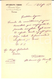Manoscritto, lettera originale 1872 TORINO Invio parcella dell avv. Giuseppe FERRERO procuratore capo 1