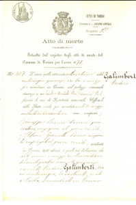 Documento originale, autentico 1871 TORINO Atto di morte di Teodoro GALIMBERTI benestante di anni 25 Documento 1