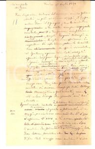 Manoscritto, lettera originale 1869 TORINO Oscure questioni societarie per la costruzione del CANALE VILLORESI 1