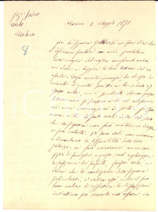 Manoscritto, lettera originale 1870 TORINO Gerolamo CALLERIO visita la vedova di Carlo GALIMBERTI Lettera 1