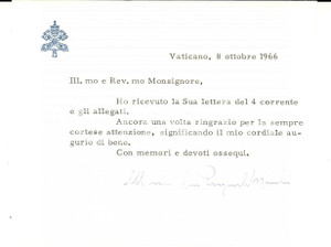 Autografo originale 1966 VATICANO Ringraziamenti mons. Pasquale MACCHI Biglietto autografo 1
