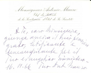 Autografo originale 1960 ca ROMA Auguri di mons. Antonio MAURO Biglietto AUTOGRAFO 1
