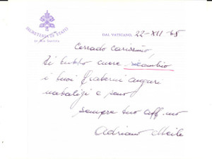 Autografo originale 1965 ROMA Auguri di mons. Adriano MEILE Biglietto AUTOGRAFO 1